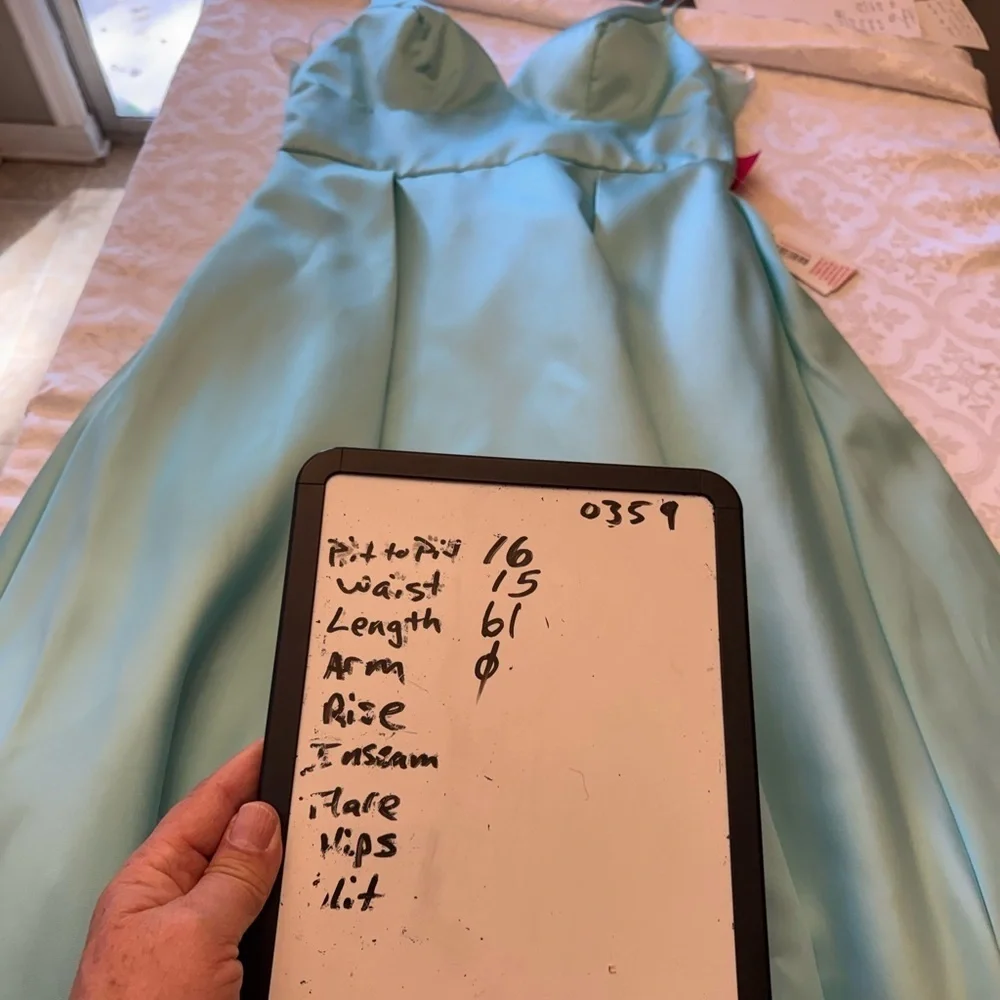 B. Darlin Aqua Teal Satin Maxi Gown Dress Size 11/12 Formal Prom